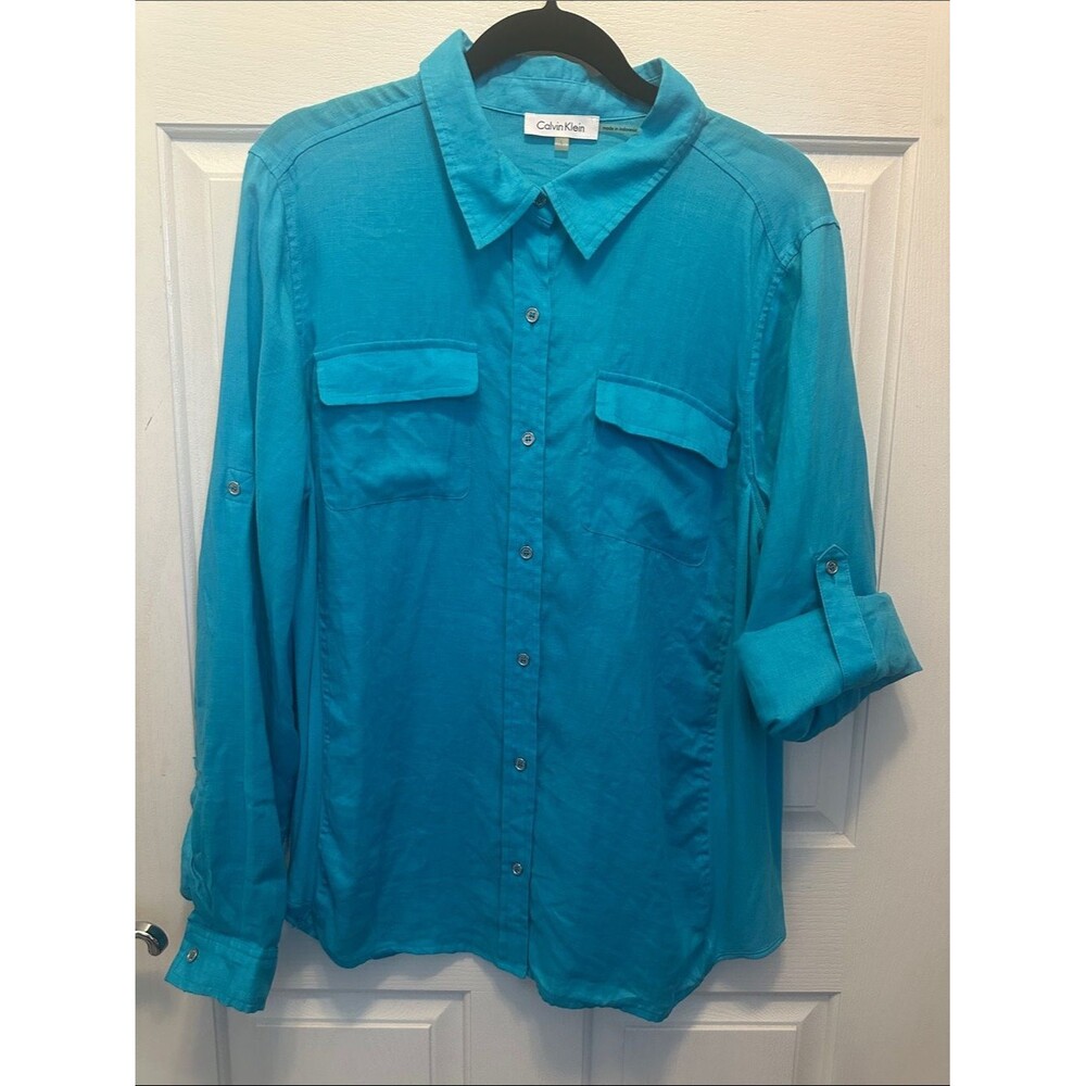 Calvin Klein Button-Front Linen Shirt Knit Side Panels Roll Tab Sleeve Size L